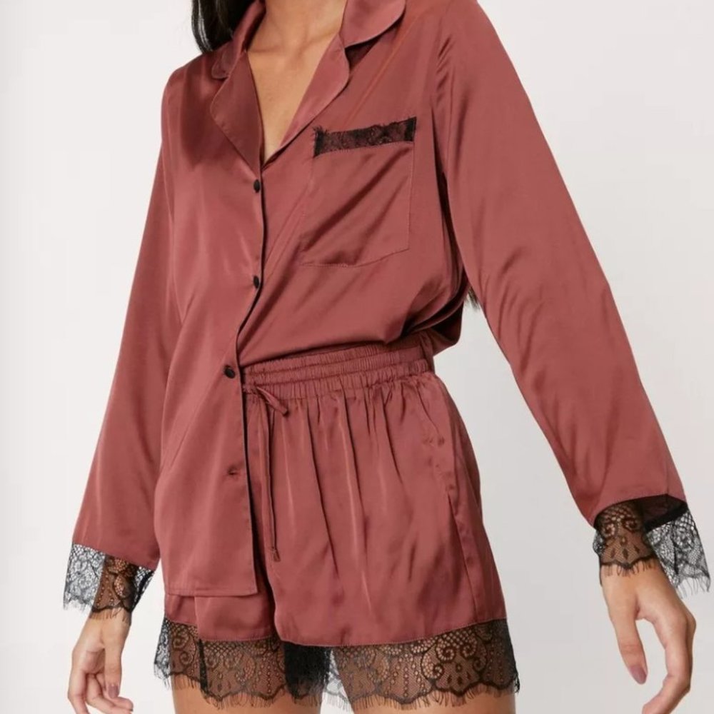 Satin Lace Trim Pajama Shirt And Shorts Set - Nasty Gal